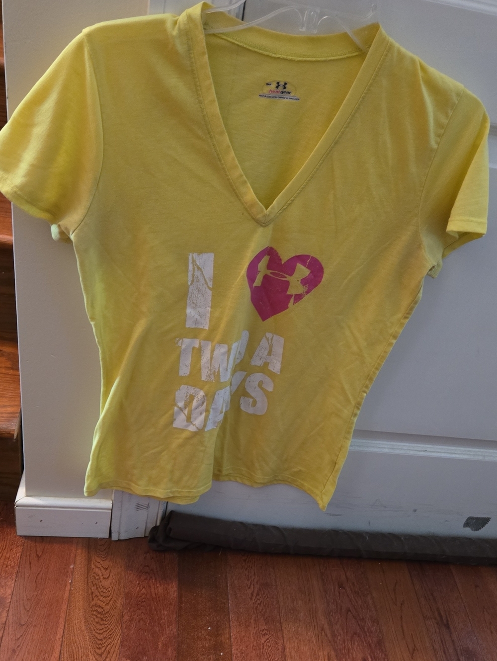 Under Armour Women's Yellow V-Neck Graphic Tee with Pink Heart Logo